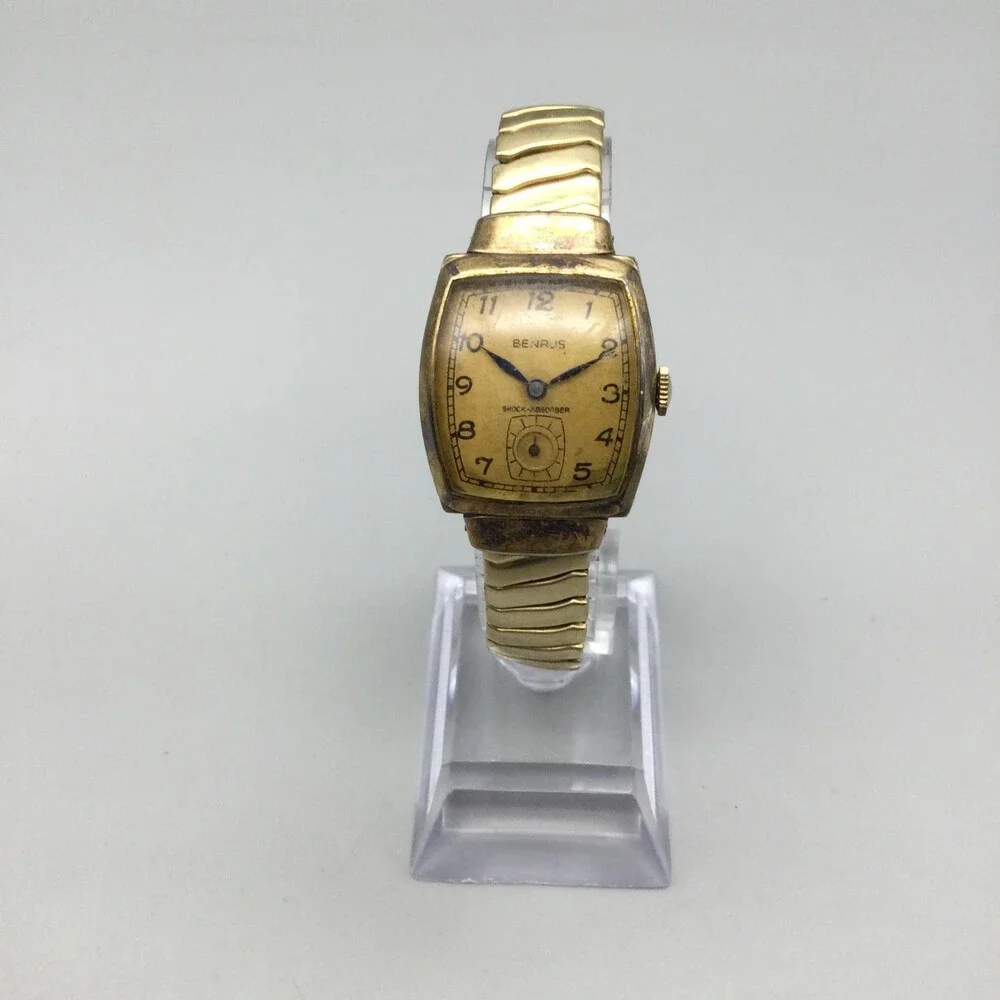 Vintage Benrus Mens Watch 25mm Gold Tonneau Dial Manual Wind Shock Absorber